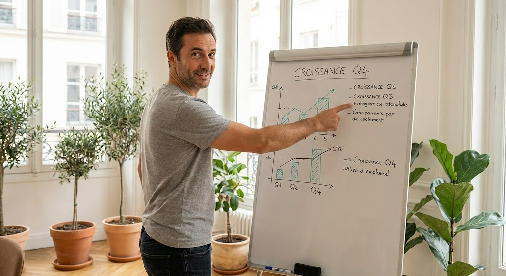 Homme entrepreneur en ligne qui prend des décisions stratégique pour son business pour le Q4 pour poursuivre sa croissance avec clairvoyance après une reconstruction métabolique