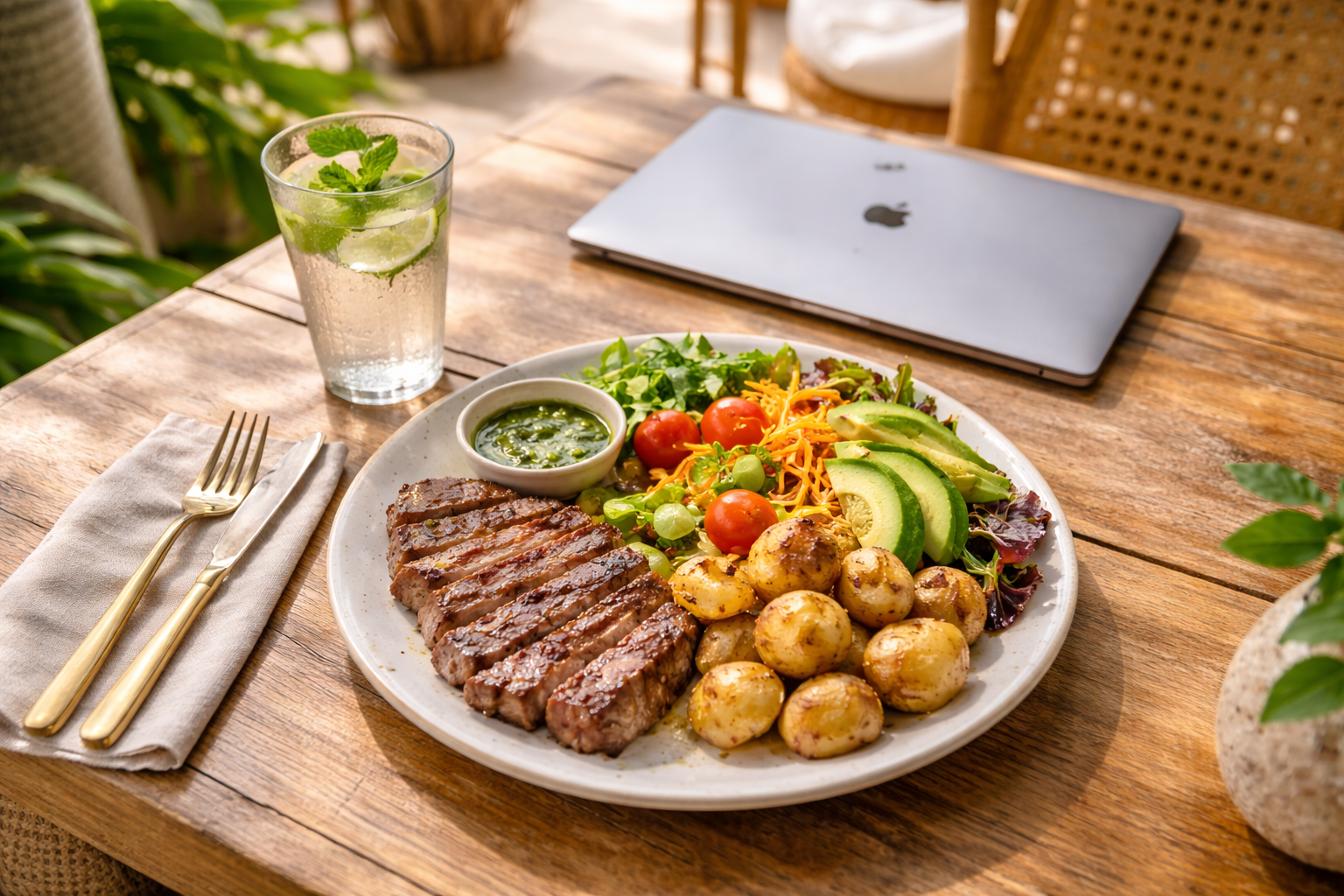 Assiette de restaurant copieuse et équilibrée avec protéines et glucides, démontrant une alimentation post-régime basée sur l'abondance et la fin de la restriction calorique.